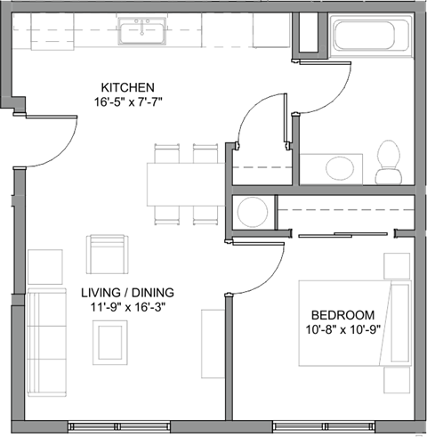 Floor plan for 1 bed, 1 bath, 662 sqft